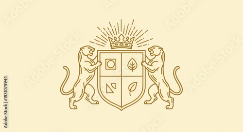 Elegant Royal Crest with Crown and Two Majestic Tigers.
