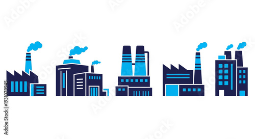 Industrial landscape illustration featuring factories and smokestacks viewed from a distance in a graphic style