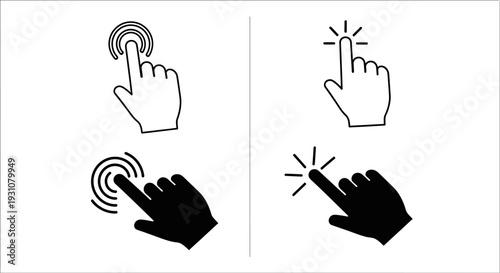 Collection of hand icons demonstrating various clicking actions in different styles, showcasing interaction and technology use in a visual representation.