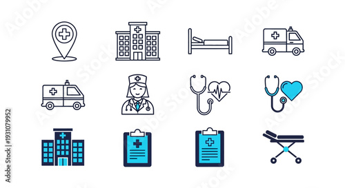 Medical icons collection featuring healthcare symbols and hospital related illustrations in a grid layout