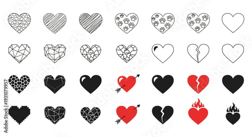 Collection of various heart icons in different patterns and emotions displayed on a clean white background from a straightforward viewpoint