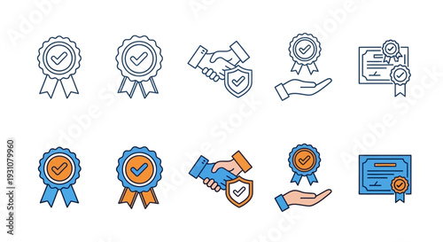 A collection of award icons and certificate illustrations showcasing achievement and recognition in various styles and formats presented horizontally across a clean and simple background 