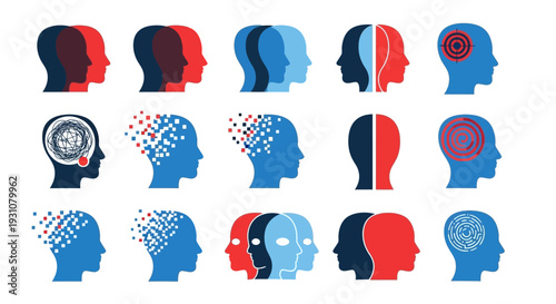 Human heads with diverse mental states and emotions represented through various split and colored illustrations showcasing psychological concepts and ideas from different viewpoints