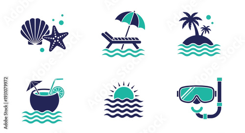 A vibrant collection of beach-themed icons including seashell, starfish, and palm trees, presented in a modern, illustrative style on a clean background.