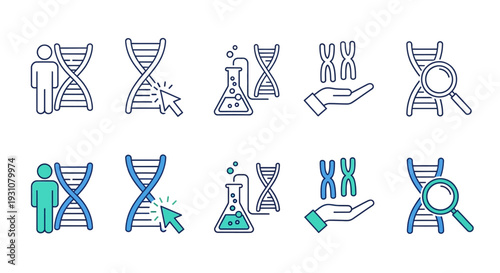 Collection of scientific icons representing genetic research and laboratory experiments from a direct viewpoint