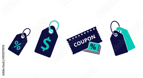 A collection of discount labels and coupons displayed against a plain background from a straightforward viewpoint