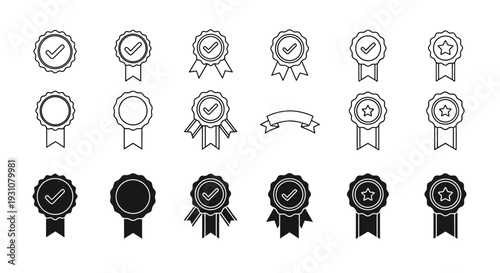 Assorted ribbon badges and awards icons in various styles and designs