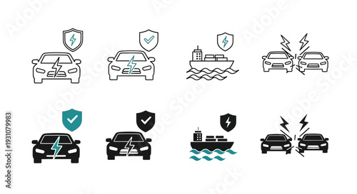 Various vehicle icons showcasing security and damage scenarios in different styles and settings