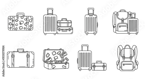 Collection of various travel bags and luggage illustrations on a clean background from different viewpoints and styles.