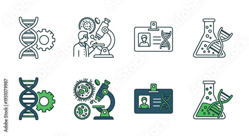 Set of scientific icons featuring laboratory equipment and molecular structures viewed from a straightforward perspective in a minimalist style
