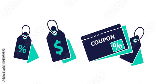 Collection of discount tags and coupons for sales promotions and marketing campaigns displayed together