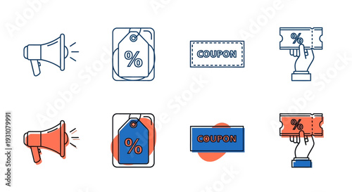 Digital marketing icons featuring megaphones, discount tags, and coupons in various styles, showcasing promotional elements from different viewpoints.