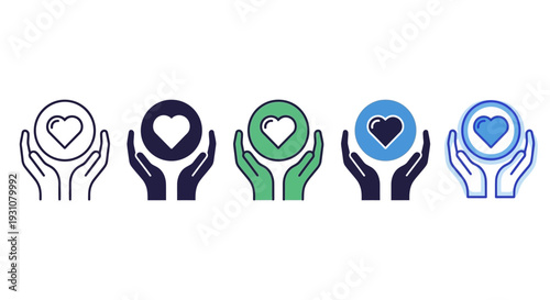Diverse hands holding hearts in various colors, symbolizing unity and support, viewed from a straightforward perspective