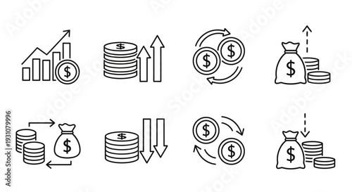 Financial growth icons set illustrating various aspects of monetary transactions and investments in a simple line art style, showcasing money management from different viewpoints