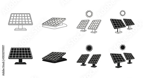 Set of various solar panel illustrations showcasing different configurations and angles on stands, with sun symbols and light effects