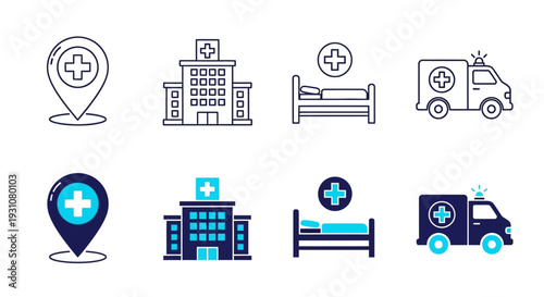 Medical icons set with healthcare symbols and illustrations on a clean background, depicting various medical facilities and emergency services