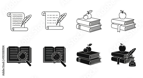 Educational icons depicting various elements of learning and literature in a detailed illustration style