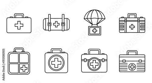 Collection of Medical Kit Icons Featuring First Aid Symbols and Equipment in Various Formats