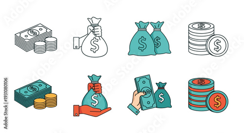 Various money bags and cash stacks are illustrated in different styles and colors.