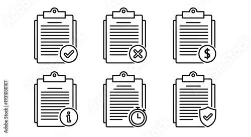 Set of clipboard icons representing documents with various symbols for approval, rejection, cost, warning, time, and security displayed in a simple line art style on a clean background