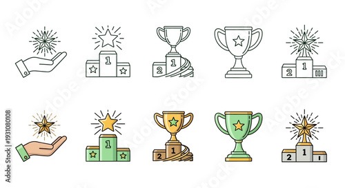 A collection of award icons and trophies presented in various styles and colors, symbolizing achievement and recognition.