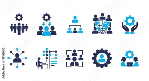 Collection of icons representing teamwork, collaboration, and productivity in a professional setting, featuring people, gears, and organizational charts, viewed from a straightforward perspective