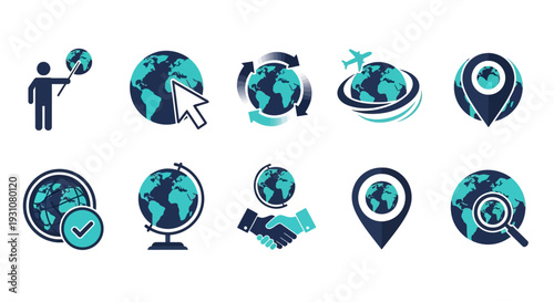 A collection of icons representing global connections and navigation, featuring a person, globes, and location markers in a modern, simplified style from a straightforward viewpoint.