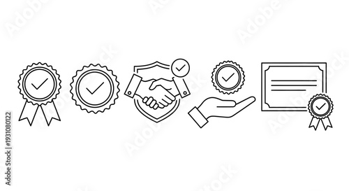 A collection of line icons representing approval and verification processes, including handshake, certificate, and checkmark symbols, in a simple, modern illustration style.