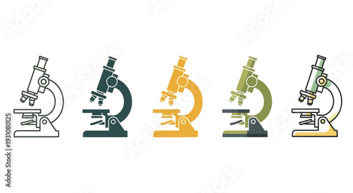 Microscopes in various colors arranged in a row on a plain background, viewed from the front