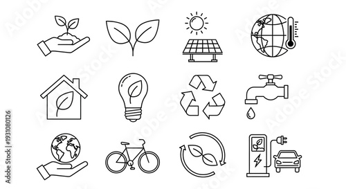 Sustainable living icons showcasing eco-friendly practices, renewable energy, and environmental conservation