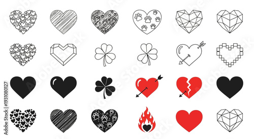 A collection of twenty various heart icons in different patterns and designs displayed together
