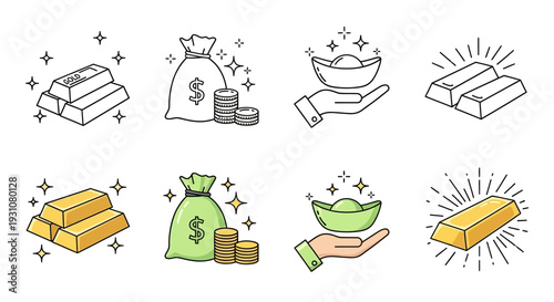 A collection of gold bars and money bags with hands holding bowls, symbolizing wealth and prosperity in a simple illustration style.