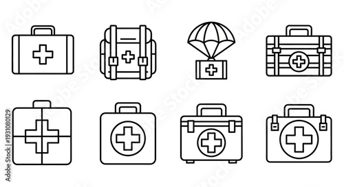 First aid kits and medical supplies line-art icons set, emergency, healthcare, rescue, medicine, illustration