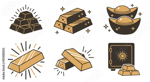 Collection of gold bars, nuggets, and treasure illustration on a clean white background from a straightforward viewpoint