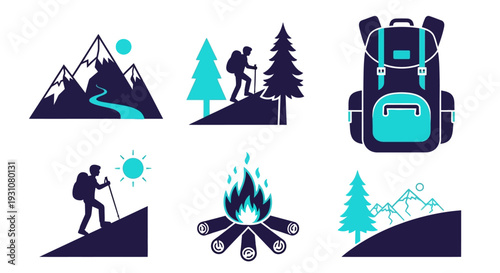 Outdoor Adventure Icons Representing Hiking, Camping, and Exploration in a Wilderness Setting with Mountains and Trees