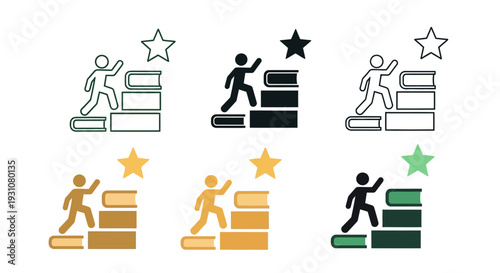 Simplified icons of people climbing stairs and reaching for stars in various colors and styles