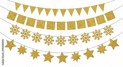 A festive garland of golden flags, stars, and snowflakes hanging in a decorative arrangement, symbolizing celebration and joy.