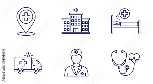 Medical icons collection featuring hospital, doctor, and emergency services symbols in a simple line art style