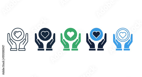 Hands holding heart icons in various colors from different viewpoints