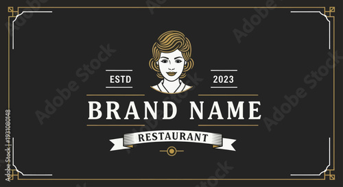 Elegant Vintage Restaurant Logo with Womans Portrait and Decorative Frame.