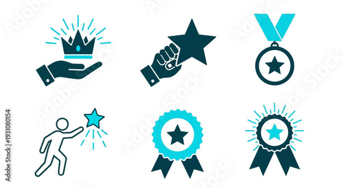 A collection of illustrations symbolizing achievement and recognition, featuring icons for awards and excellence from a straightforward viewpoint.