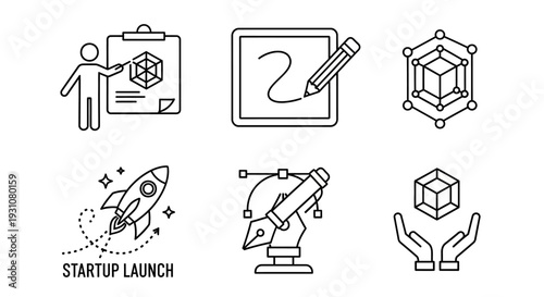 Innovative startup launch concept illustration featuring a person presenting a project with a rocket ship blasting off into the future