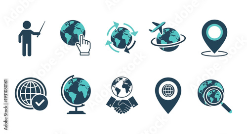 A collection of icons representing global navigation and location services from a straightforward viewpoint