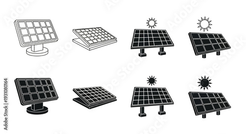 Series of solar panels illustrated from various viewpoints showcasing different designs and functionalities in a technical context