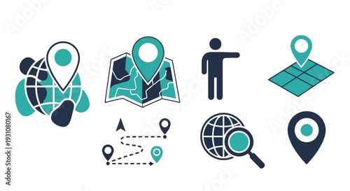 A collection of navigation and location icons representing travel and direction