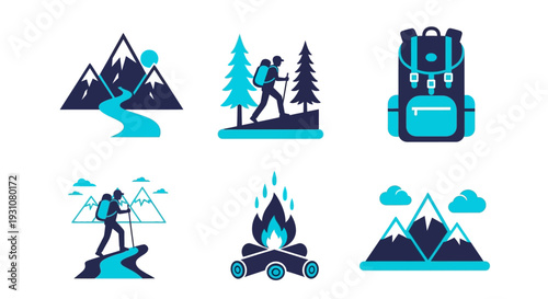 A collection of adventure-themed illustrations, featuring hiking, mountains, backpacks, camping, and scenic landscapes from various viewpoints.