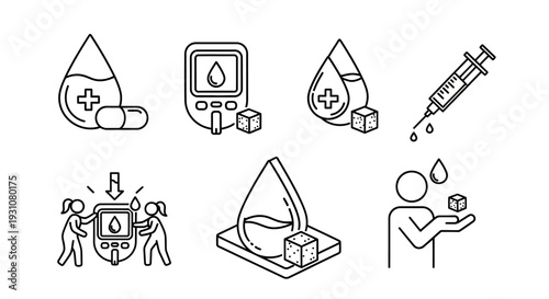 Medical icons representing healthcare and medicine in a simple line art style, showcasing various medical elements and procedures.