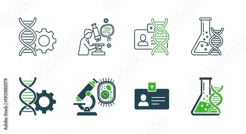 A collection of scientific icons representing research, experimentation, and analysis in a laboratory setting and digital environment from a straightforward viewpoint.