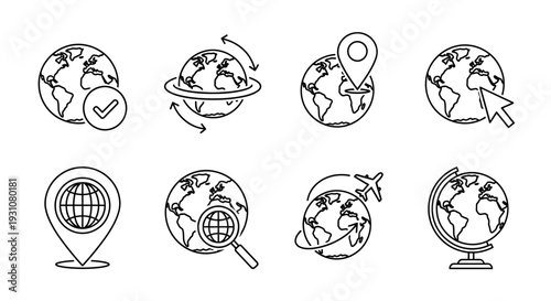 Collection of earth icons, symbols, and graphics depicting global themes and concepts in various styles and views on a clean white background