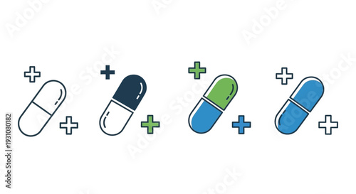 A series of medical capsules with different colors and combinations displayed on a white background from a straightforward viewpoint